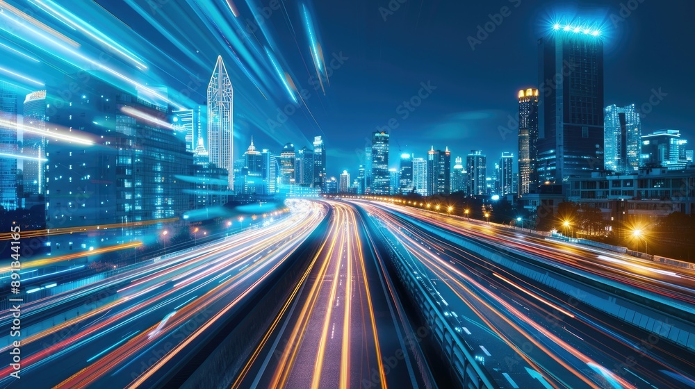 Blurred highway overpass with streaking lights, city skyscrapers in the distance.