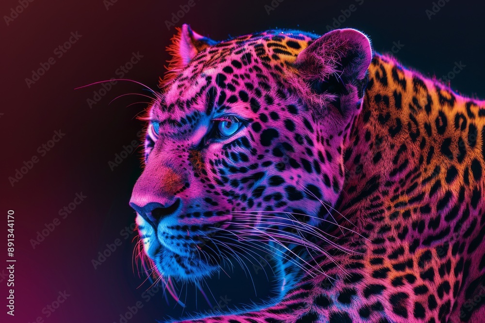 Close-up of a Leopard with Colorful Neon Lights Background. Beautiful simple AI generated image in 4K, unique. Close-up of a Leopard with Colorful Neon Lights Background. Beautiful simple AI generated image in 4K, unique.