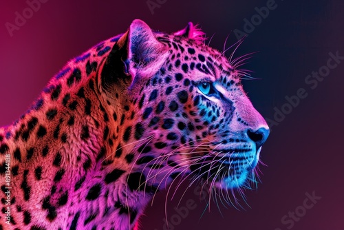 Close-up of a Leopard with Colorful Neon Lights Background. Beautiful simple AI generated image in 4K, unique.