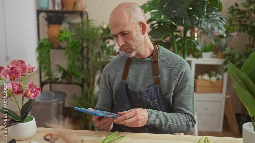 A bald man with a beard, wearing an apron, uses a tablet in a flower shop filled with green plants and orchids. A bald man with a beard, wearing an apron, uses a tablet in a flower shop filled with green plants and orchids.