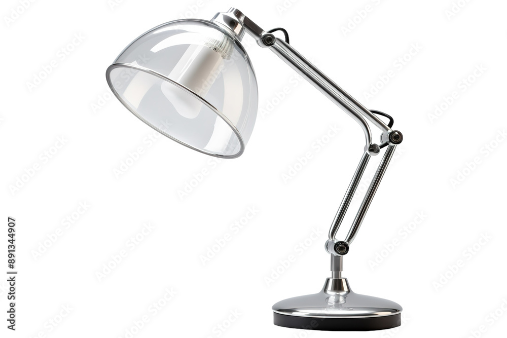 A Chrome Desk Lamp With a Glass Shade Casts a Soft Glow on a White Background on a Clear PNG or White Background. A Chrome Desk Lamp With a Glass Shade Casts a Soft Glow on a White Background on a Clear PNG or White Background.