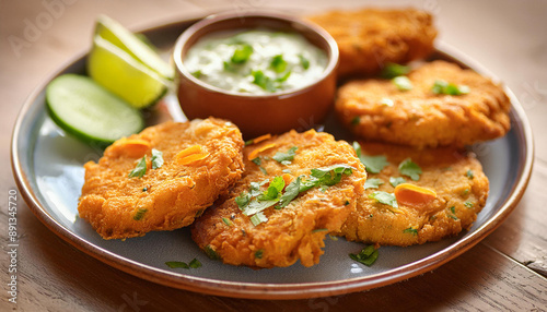 A vibrant image of Thai Fish Cakes served with a sweet and tangy cucumber dipping sauce, garnished with fresh herbs.