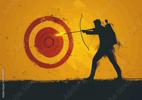 Businessman Archer Hitting Bullseye Target Symbolizing Precision and Goal Achievement - Minimalistic Vector Illustration