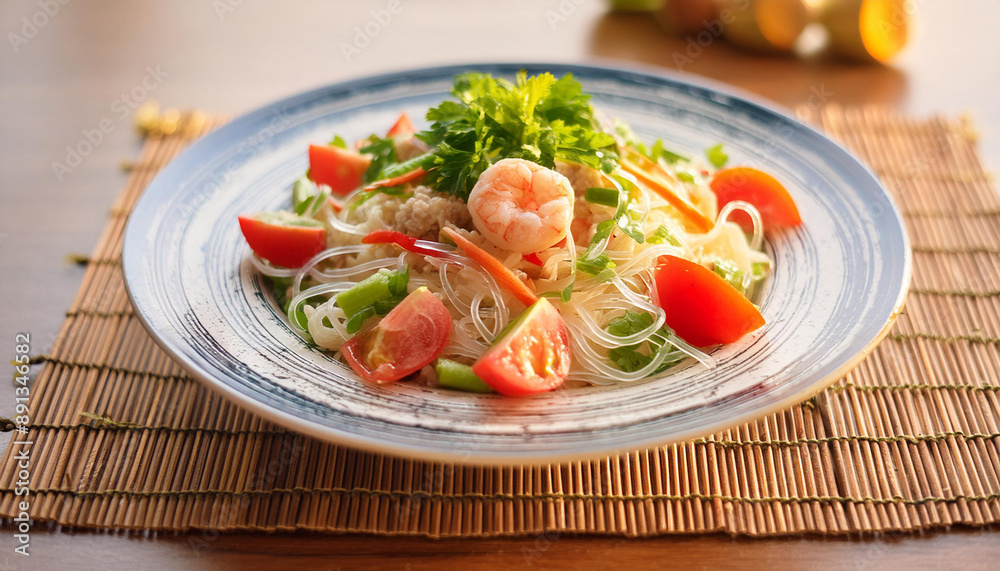 A vibrant plate of Glass Noodle Salad with shrimp, ground chicken, tomatoes, and herbs, tossed in a tangy dressing. A vibrant plate of Glass Noodle Salad with shrimp, ground chicken, tomatoes, and herbs, tossed in a tangy dressing.