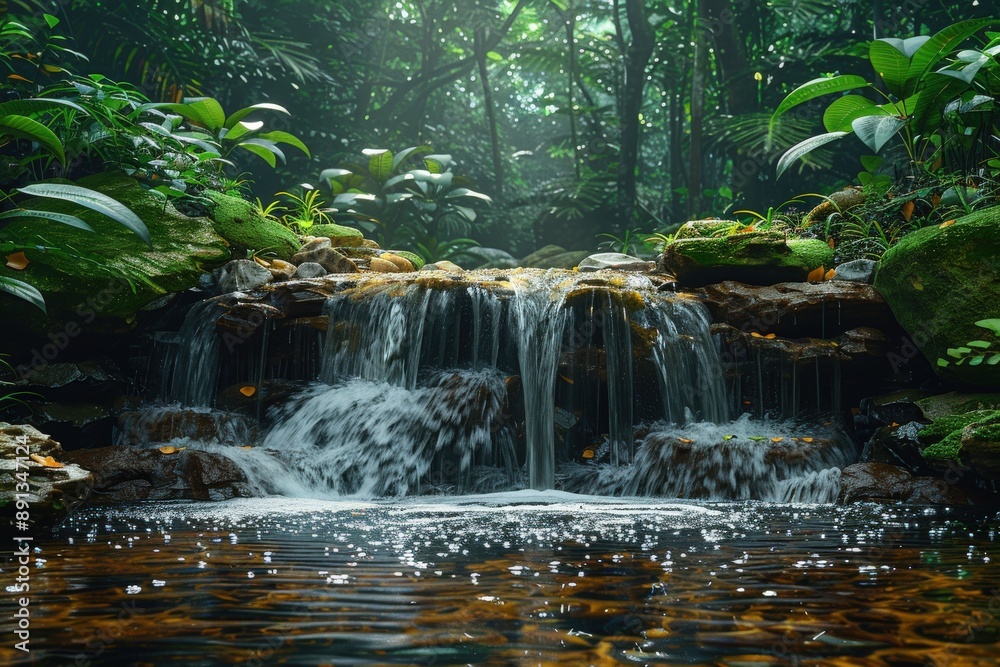 This image features a small, gentle waterfall flowing through a lush, green jungle with abundant vegetation, creating a peaceful and refreshing natural environment. This image features a small, gentle waterfall flowing through a lush, green jungle with abundant vegetation, creating a peaceful and refreshing natural environment.