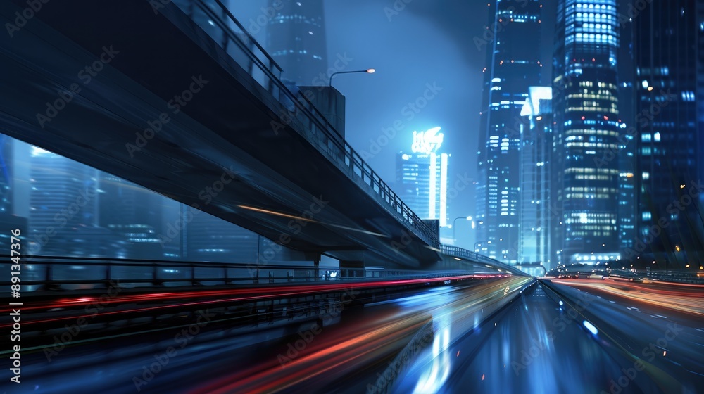 Highway overpass in motion blur, downtown city lights creating a dynamic background. Highway overpass in motion blur, downtown city lights creating a dynamic background.