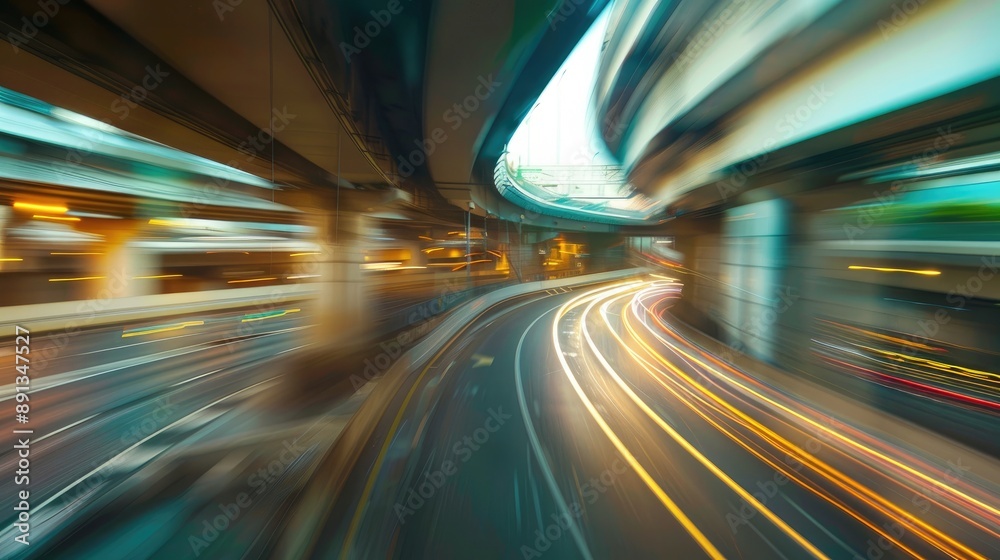 Fototapeta premium Highway overpass in motion blur, urban cityscape creating a dynamic backdrop.