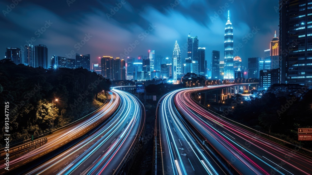Fototapeta premium Highway overpass light trails, city skyline visible in the background.