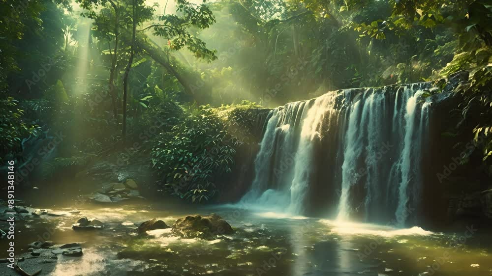 Serene Waterfall in Lush Rainforest Serene Waterfall in Lush Rainforest