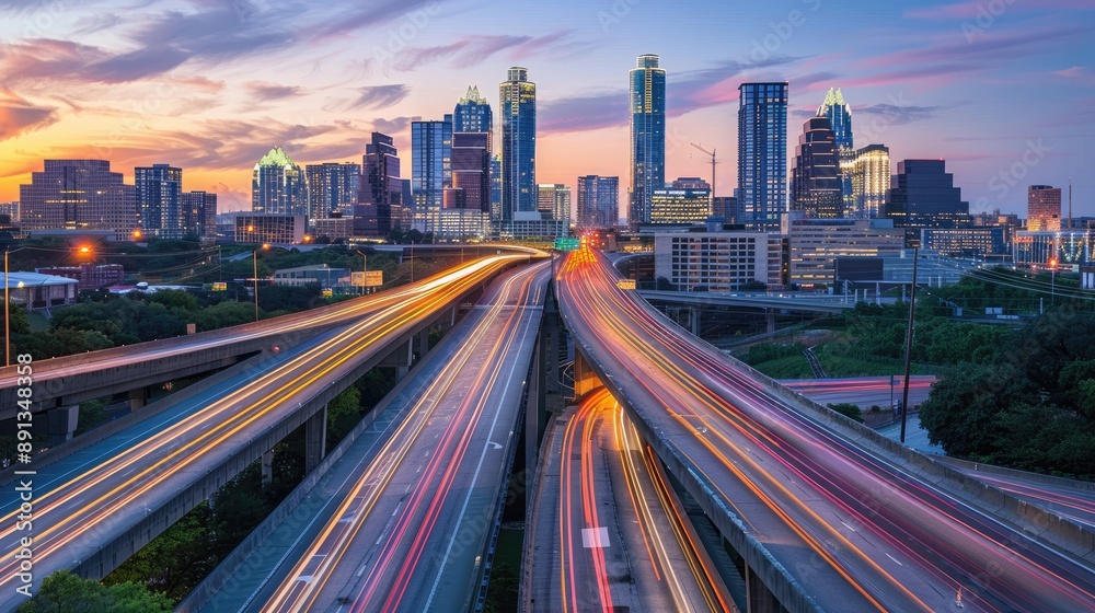 Fototapeta premium Highway overpass with fast-moving cars, city skyline glowing at dusk.