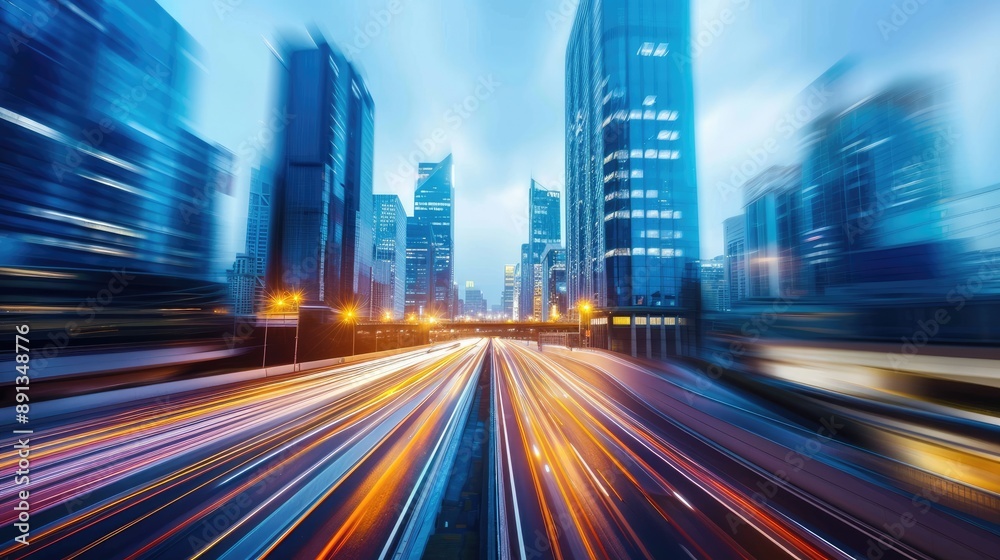 Motion blur on a highway overpass, modern city buildings glowing at dusk. Motion blur on a highway overpass, modern city buildings glowing at dusk.