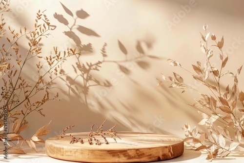 Wooden podium with leaves on beige background. Concept scene stage showcase, product, promotion sale, presentation, beauty cosmetic. Wooden stand studio empty - generative ai photo