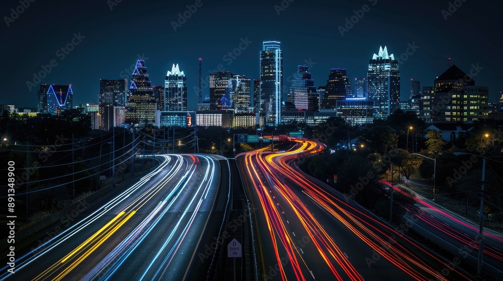 Nighttime highway overpass, light trails, and a brightly lit city skyline. Nighttime highway overpass, light trails, and a brightly lit city skyline.