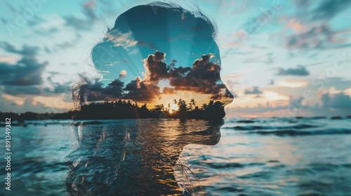 Double exposure of a serene beach sunset with clouds blending into silhouette of a face, portraying introspection and connection with nature.