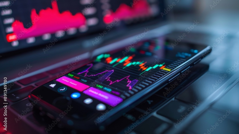 A mobile phone displaying real-time stock market prices and graphs, used for trading on the go A mobile phone displaying real-time stock market prices and graphs, used for trading on the go