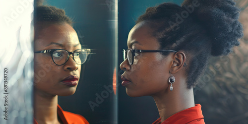 An African American woman standing proudly before a mirror, admiring her unique features