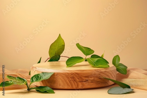 Wooden podium with leaves on beige background. Concept scene stage showcase, product, promotion sale, presentation, beauty cosmetic. Wooden stand studio empty - generative ai photo