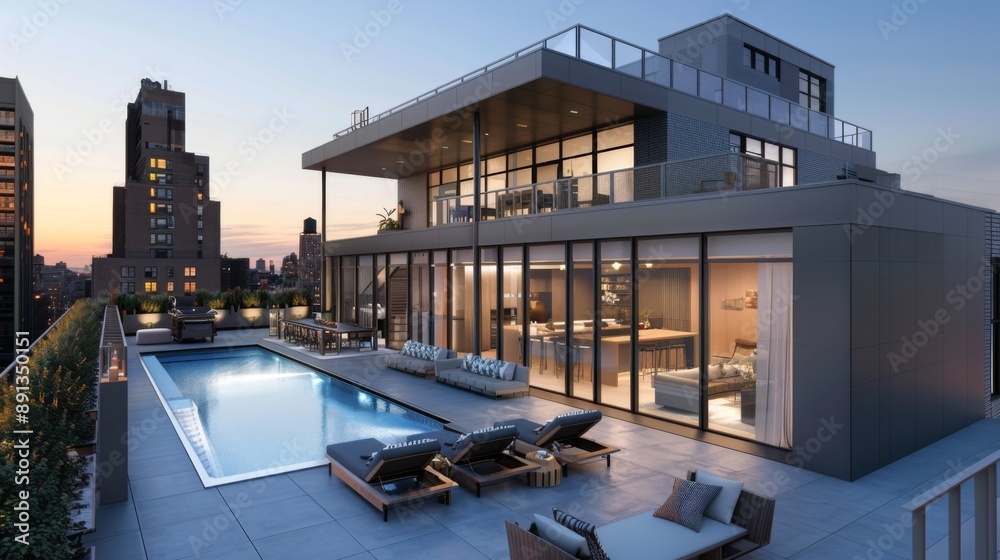 Obraz premium A modern apartment building with rooftop swimming pool and lounge area
