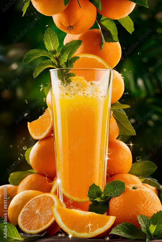 delightful beautiful scene with glass of fresh orange juice around oranges and leaves. Digital artwork. Ai generated.