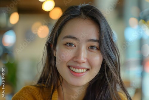 A young woman is smiling warmly in a cozy indoor setting with soft lighting, reflecting a moment filled with comfort, warmth, and positive vibes, capturing her friendly demeanor.