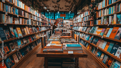 An inviting old fashioned library with colorful books on towering wooden shelves