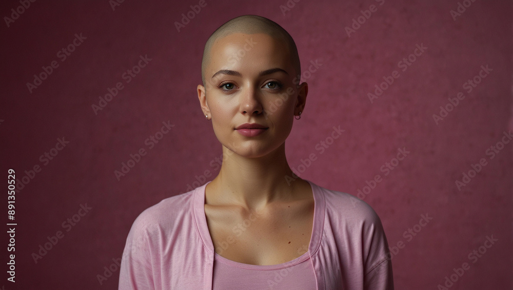 Breast cancer awareness month concept, Generative AI picture with pink background, bald hairless pretty woman Breast cancer awareness month concept, Generative AI picture with pink background, bald hairless pretty woman
