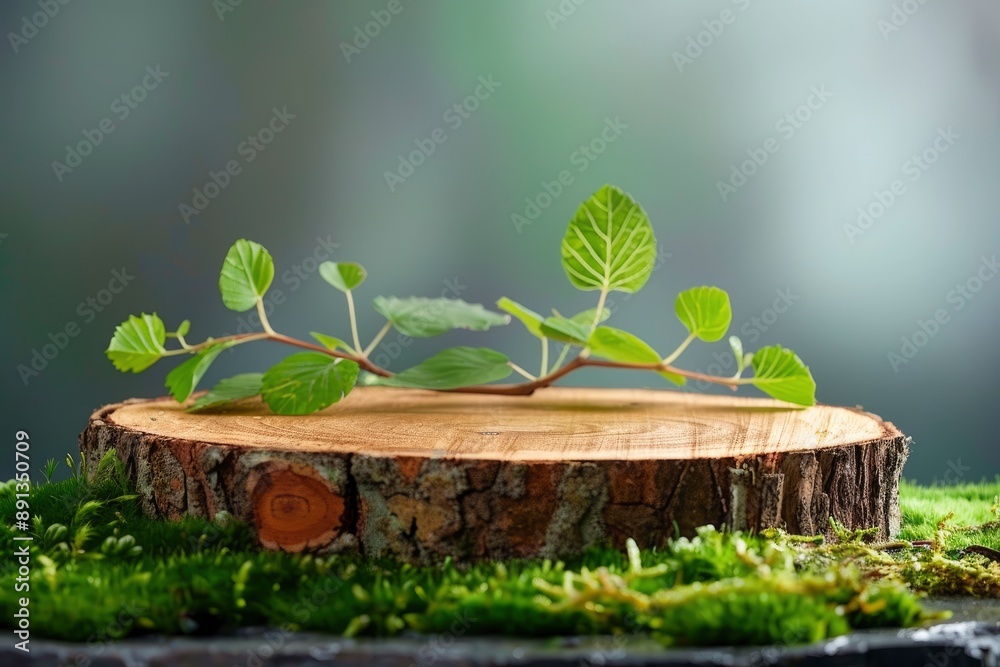 Wooden slice podium and green leaves on a green moss background. Premium scene for product promotion, beauty, natural eco cosmetic. Showcase, display case - generative ai Wooden slice podium and green leaves on a green moss background. Premium scene for product promotion, beauty, natural eco cosmetic. Showcase, display case - generative ai