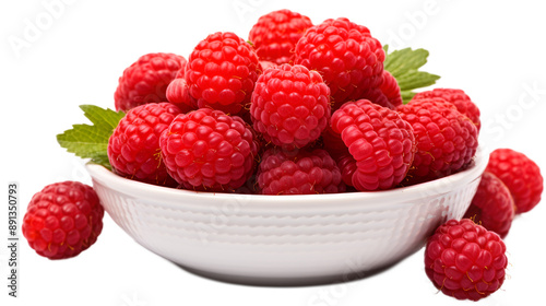 a white bowl filled with raspberries on top of a white table