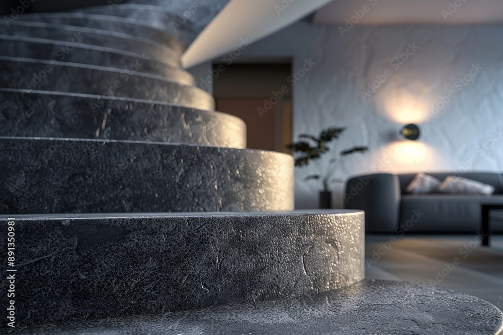 An artistic capture of a textured black staircase winding upwards, complemented by a cozy seating area, casting a blend of modern and inviting atmosphere. An artistic capture of a textured black staircase winding upwards, complemented by a cozy seating area, casting a blend of modern and inviting atmosphere.