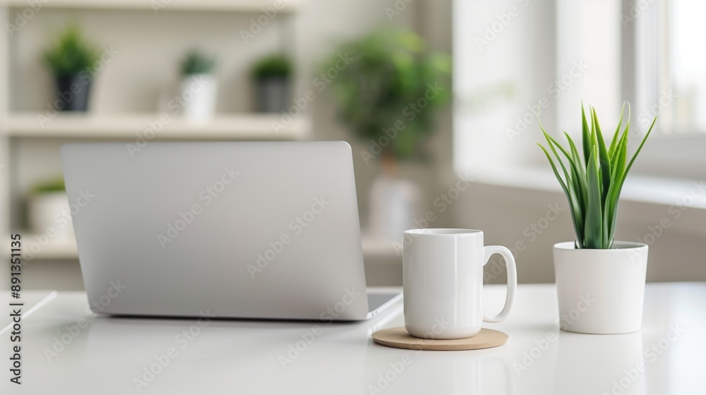 Modern workspace setup with a laptop, Ideal for illustrating productivity and minimalism in a professional setting Modern workspace setup with a laptop, Ideal for illustrating productivity and minimalism in a professional setting