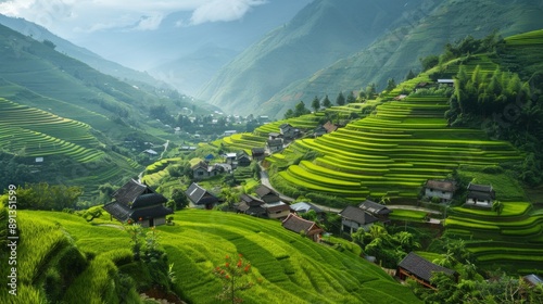 A mountain village nestled among green hills with traditional houses and terraced fields