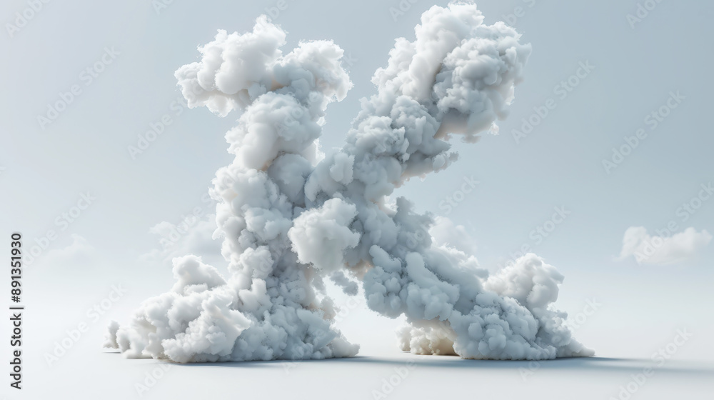 Capital letter K made of clouds or soft cotton. Fluffy airy style. Scrapbook activity. Generative AI