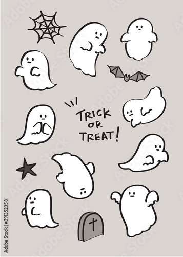 Ghost Gang Illustration in many gestures, Cute style Halloween theme