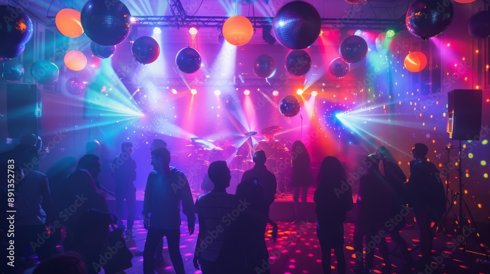 Obraz premium A party scene with colorful disco lights and loudspeakers, creating a festive atmosphere