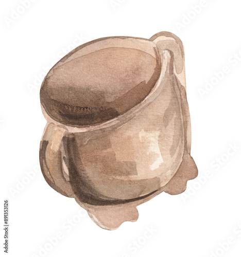 Watercolor illustration of a baby silicone cup with two handles resembling goose feet on a white background. Ideal for baby care themes, nursery decor, and parenting guides. photo