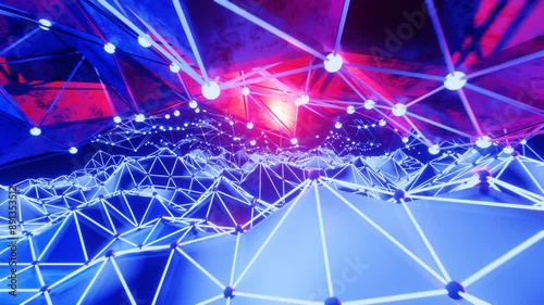 Abstract polygonal surface. Camera flight through two low-poly bright surfaces. Low poly animated 3D plexus background. Blue, cyan, pink, red dots and lines, neon. 3D color video.