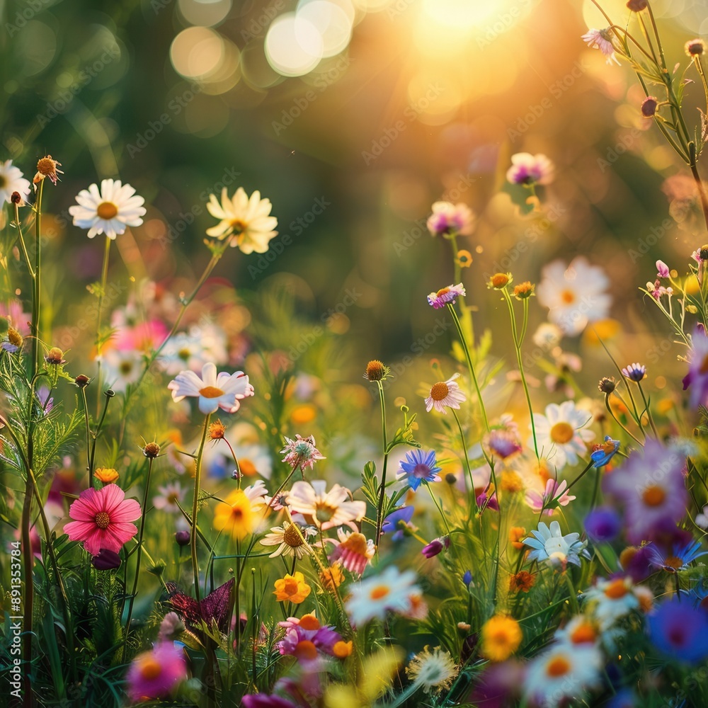 Flowerfilled meadow basking in sunlight, with colorful blooms and soft bokeh lights, providing ample space for text, perfect for a summer greeting card or banner Flowerfilled meadow basking in sunlight, with colorful blooms and soft bokeh lights, providing ample space for text, perfect for a summer greeting card or banner