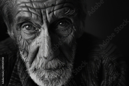 Serious old man with wrinkled face looking at camera, black and white closeup portrait