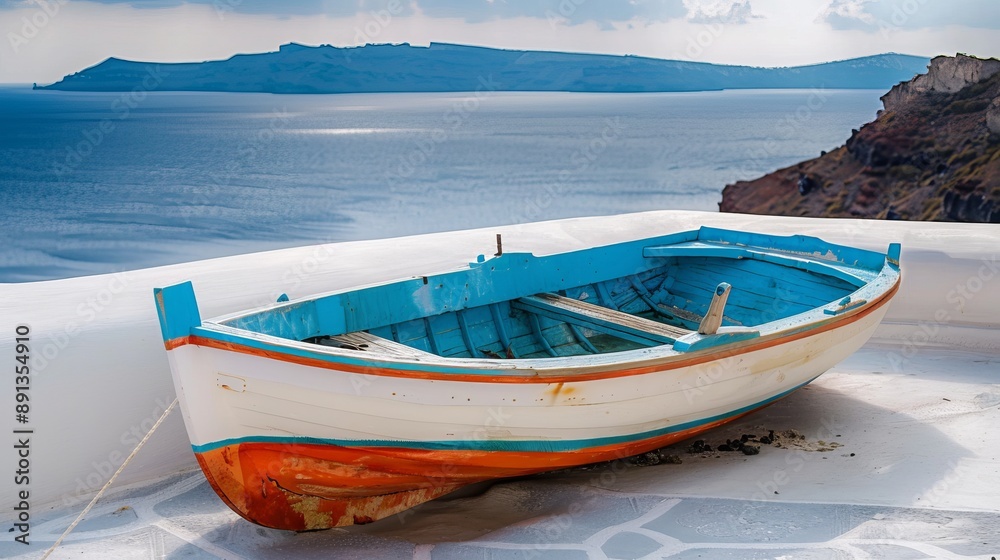 Naklejka premium A rowing boat used as decoration on Santorini Island, Greece.