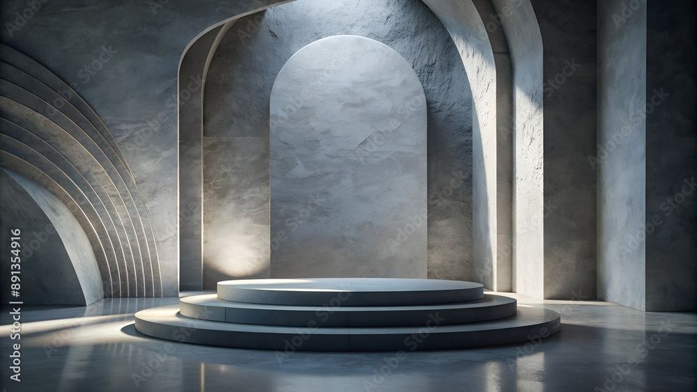 Fototapeta premium Round podium illuminating by sunlight passing through arch window