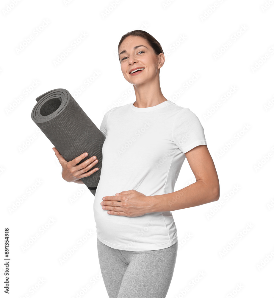 Beautiful pregnant woman with exercise mat isolated on white Beautiful pregnant woman with exercise mat isolated on white