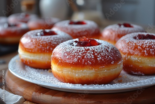 Israel Sufganiyah Jelly-filled doughnuts dusted with powdered sugar, traditionally eaten during Hanukkah. 