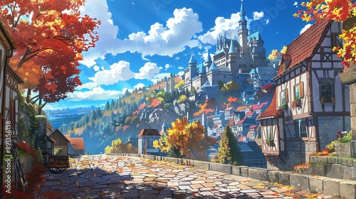 Majestic castle on a hill overlooking a picturesque village, with cobblestone streets and quaint houses, surrounded by vibrant autumn foliage, in beautiful anime style