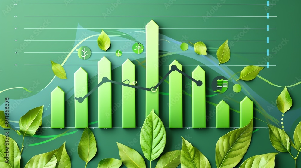 Financial documents with green bar charts and fresh leaves, environmental finance, sustainable growth Financial documents with green bar charts and fresh leaves, environmental finance, sustainable growth