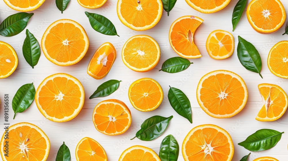 A flat lay of fresh orange slices and leaves arranged on a white wooden background SEAMLESS PATTERN A flat lay of fresh orange slices and leaves arranged on a white wooden background SEAMLESS PATTERN