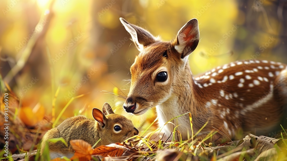 Young Deer Mother and Her Fawn in the Forest, Capturing a Tender Moment Between the Two in a Natural and Serene Woodland Setting Young Deer Mother and Her Fawn in the Forest, Capturing a Tender Moment Between the Two in a Natural and Serene Woodland Setting