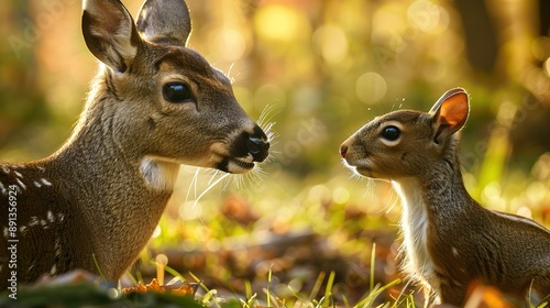 Young Deer Mother and Her Fawn in the Forest, Capturing a Tender Moment Between the Two in a Natural and Serene Woodland Setting photo