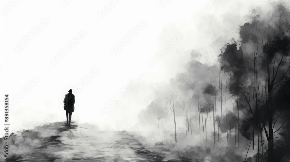 A Solitary Figure Wandering Through a Mystical Foggy Landscape Painted in Shades of Black and White A Solitary Figure Wandering Through a Mystical Foggy Landscape Painted in Shades of Black and White