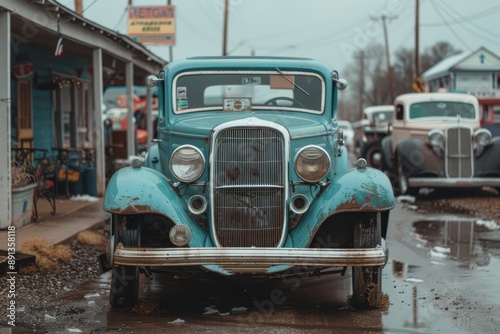 This image portrays a vintage blue car with a weathered exterior, parked on a street featuring a variety of historical architecture and other classic cars in the background.