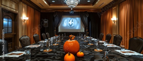 Halloween Decorated Meeting Room with Skeletons, Pumpkins, and Dark Drapery photo